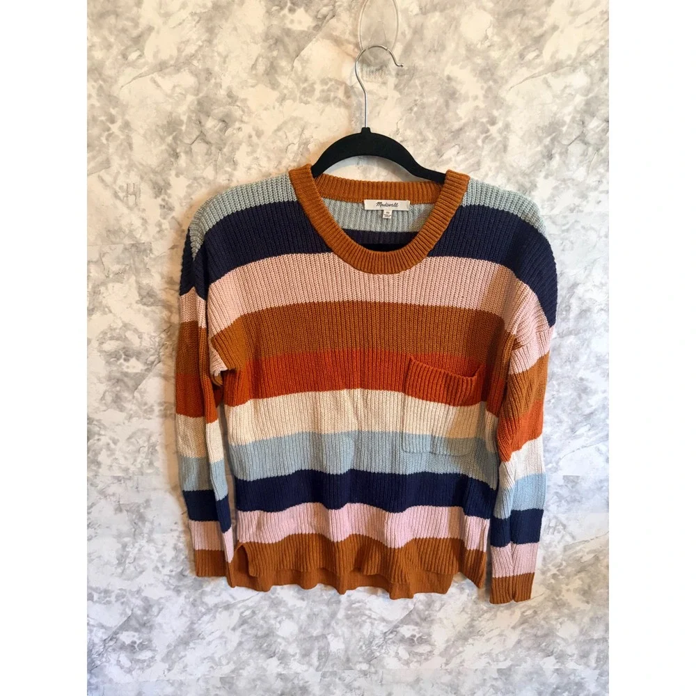 Madewell Striped Knit Crewneck Sweater Women's XS Extra Small Pocket‎ Pul - Picture 2 of 6